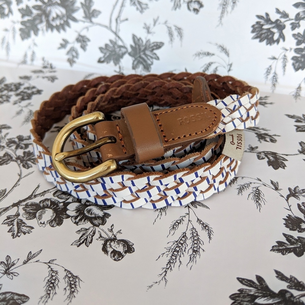 Fossil Braided Leather Belt Gold Buckle